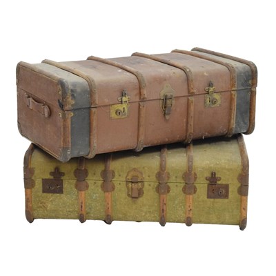 Lot 790 - Two large canvas and wooden bound travel trunks