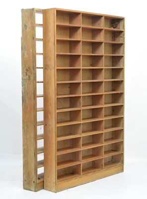 Lot 767 - Pair of pitch pine shelf units, by repute ex Passport Office