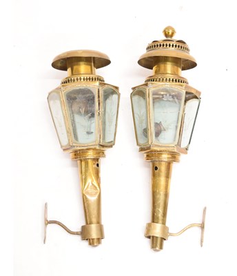 Lot 403 - Pair of brass carriage lamps