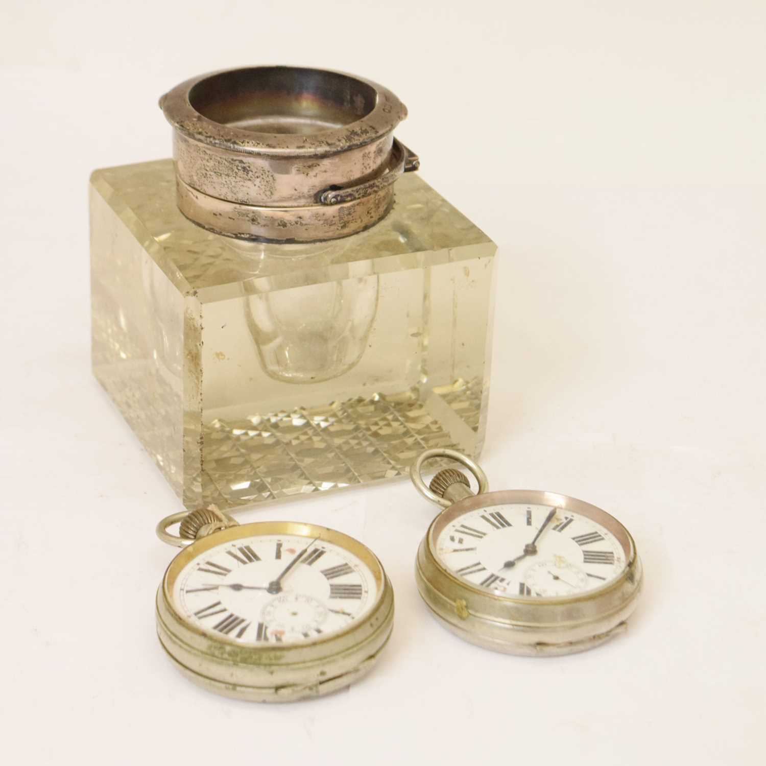 Lot 266 - Edwardian silver mounted glass inkwell, and two 'Goliath' style pocket watches