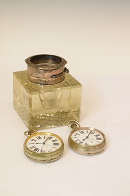 Lot 266 - Edwardian silver mounted glass inkwell, and two 'Goliath' style pocket watches