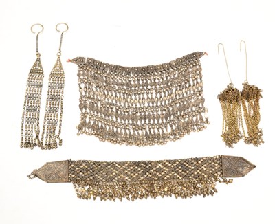 Lot 251 - Yemeni headdress, Kaffat forehead ornament, and two Yemen Bedouin temple headdress ornaments