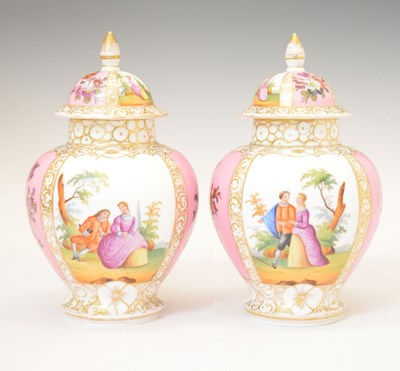 Lot 638 - Pair of Dresden porcelain baluster lidded vases in the manner of Helena Wolfsohn