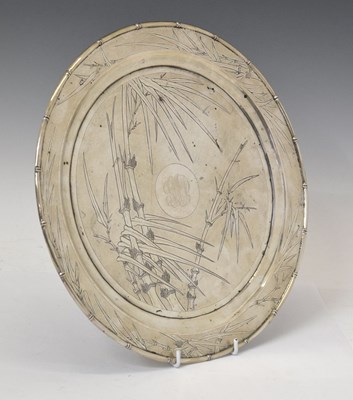 Lot 282 - Chinese export white-metal salver with engraved bamboo decoration