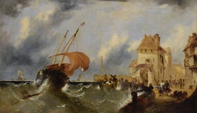 Lot 536 - 19th century continental school - Oil on canvas - Ship in a stormy coastal port