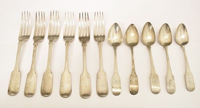 Lot 228 - Set of six Victorian silver table forks, and a set of five Irish silver Fiddle pattern spoons