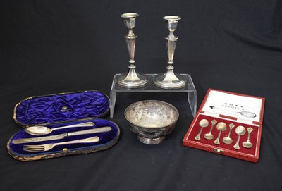 Lot 170 - Victorian silver bowl, a pair of George V silver candlesticks, etc