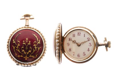 Lot 234 - Lady's yellow metal (585) and enamel fob watch