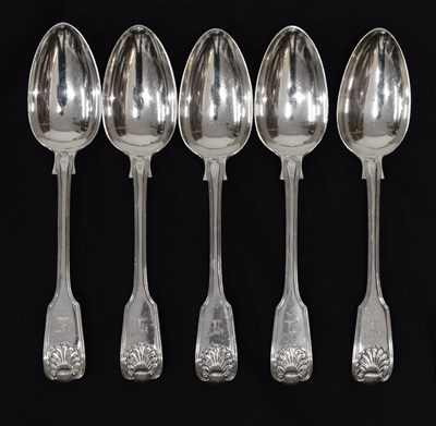 Lot 258 - Set of five William IV Fiddle Husk pattern tablespoons