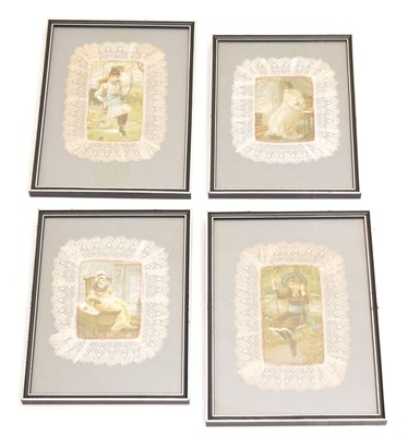 Lot 671 - Four printed silk pictures with lace edges