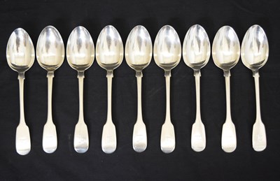 Lot 215 - Set of nine early Victorian silver Fiddle pattern tablespoons