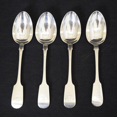 Lot 216 - Matched set of four silver Fiddle pattern tablespoons