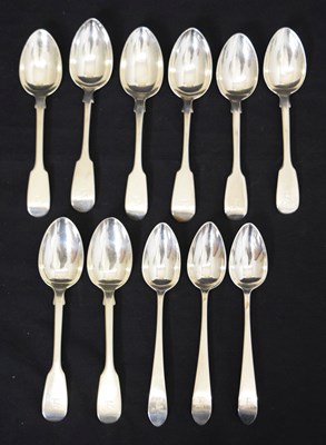 Lot 218 - Three George III Irish silver dessert spoons, and a matched set of silver Fiddle pattern dessert spoons