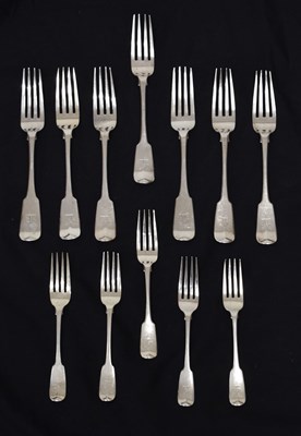 Lot 260 - Seven silver Fiddle pattern table forks and five silver dessert forks, possibly Irish