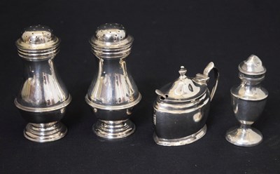 Lot 137 - Pair of Elizabeth II silver pepperettes, George V silver mustard pot, etc