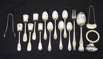 Lot 139 - Edward VII silver 'Peach Brandy' decanter/wine label, teether, flatware, etc