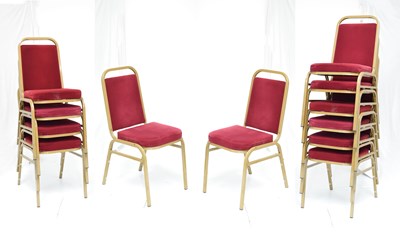 Lot 798 - Set of twelve gold finish stacking function or banqueting chairs with red upholstery (12)