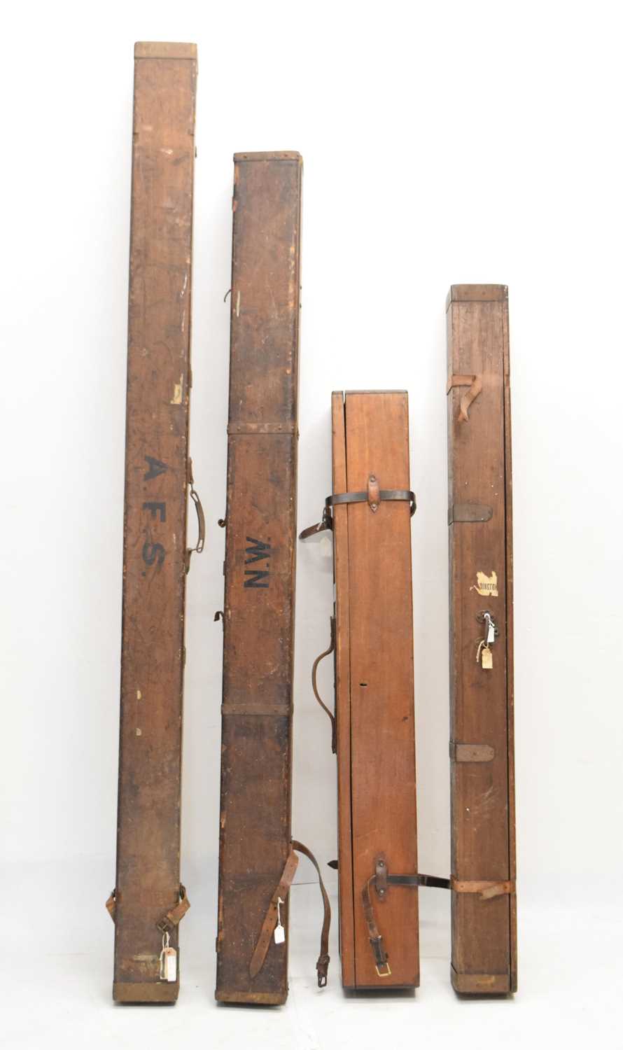 Lot 397 - Four mahogany and tin-mounted fishing rod boxes/cases