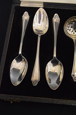 Lot 211 - Cased set of six George VI silver fruit spoons and sifting spoon, etc