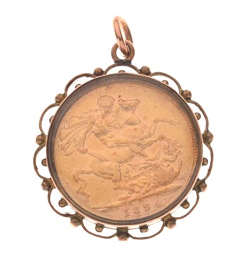 Lot 155 - Victorian gold sovereign, 1894, in 9ct mount