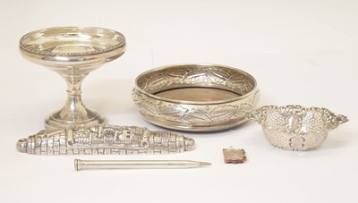 Lot 175 - Elizabeth II silver wine coaster, silver pedestal bowl, Judaic small scroll holder, etc