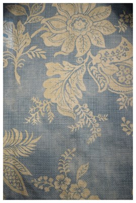 Lot 593 - One pair of curtains, foliate design in cream on duck egg blue