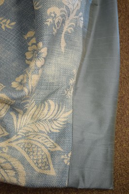 Lot 593 - One pair of curtains, foliate design in cream on duck egg blue