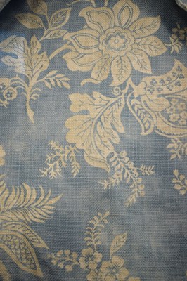 Lot 593 - One pair of curtains, foliate design in cream on duck egg blue