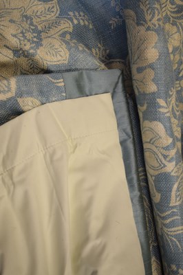 Lot 593 - One pair of curtains, foliate design in cream on duck egg blue