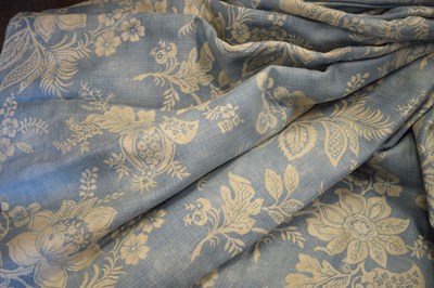 Lot 593 - One pair of curtains, foliate design in cream on duck egg blue