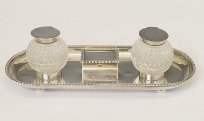 Lot 197 - Victorian silver desk stand with two cut glass inkwells