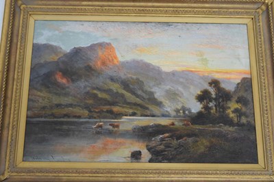 Lot 667 - William Langley (1852-1922) - Oil on canvas - Mountain landscape with cattle
