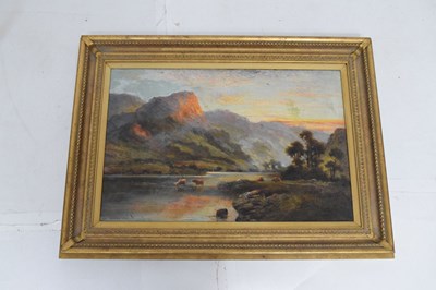 Lot 667 - William Langley (1852-1922) - Oil on canvas - Mountain landscape with cattle