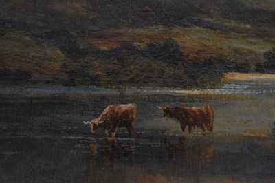 Lot 667 - William Langley (1852-1922) - Oil on canvas - Mountain landscape with cattle