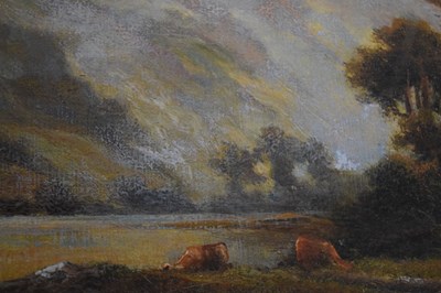Lot 667 - William Langley (1852-1922) - Oil on canvas - Mountain landscape with cattle