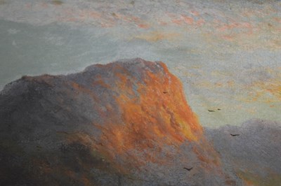 Lot 667 - William Langley (1852-1922) - Oil on canvas - Mountain landscape with cattle