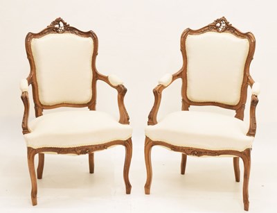 Lot 702 - Pair of Louis XV style fauteuils or open armchairs