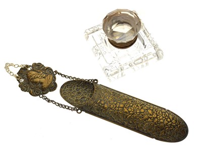 Lot 203 - Gilt metal Chatelaine type spectacles case and a cut glass inkwell