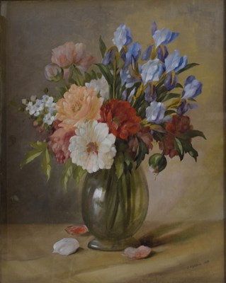 Lot 651 - G. Harrow (20th century) - Oil on canvas laid on board - Peonies & Iris