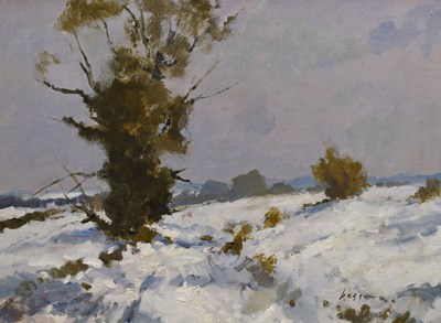 Lot 302 - Edward Wesson, RI (1910-1983) - Oil on board - 'Snow on Merrow Down'