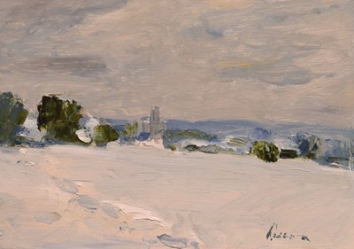 Lot 303 - Edward Wesson, RI (1910-1983) - Oil on board - Snowy landscape with church