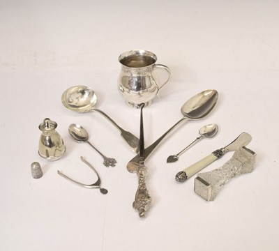 Lot 163 - Quantity of silver items to include Christening mug, wishbone tongs, tablespoon, etc