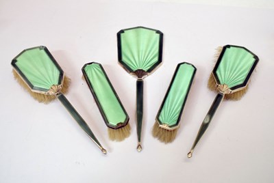 Lot 160 - George V silver and green enamel five-piece dressing table set, etc