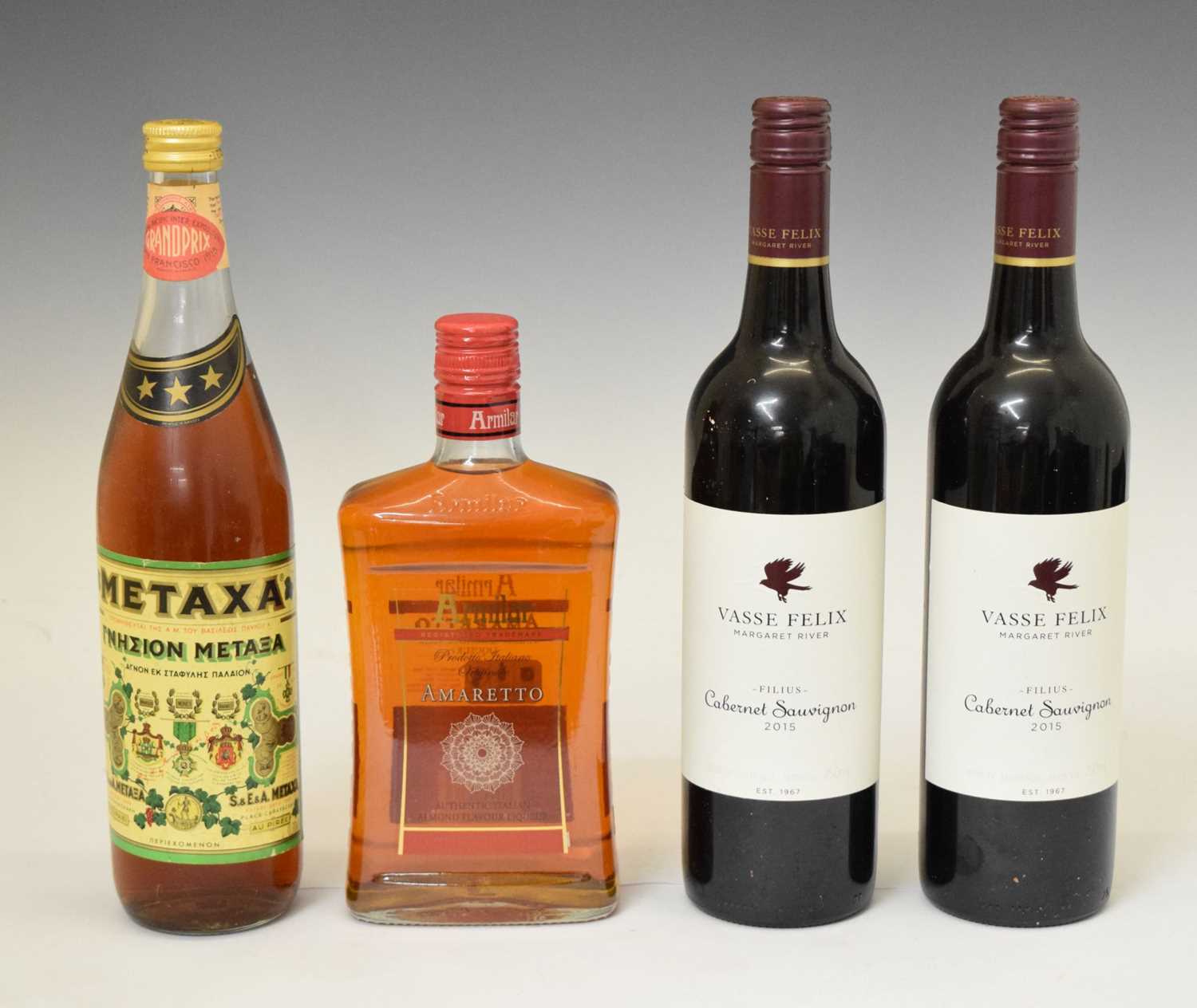 Lot 360 - Two bottles of Vasse Felix Cabernet Sauvignon red wine, Metaxa Three Stars Grand Prix, etc