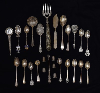 Lot 151 - Collection of silver flatware, thimbles, etc