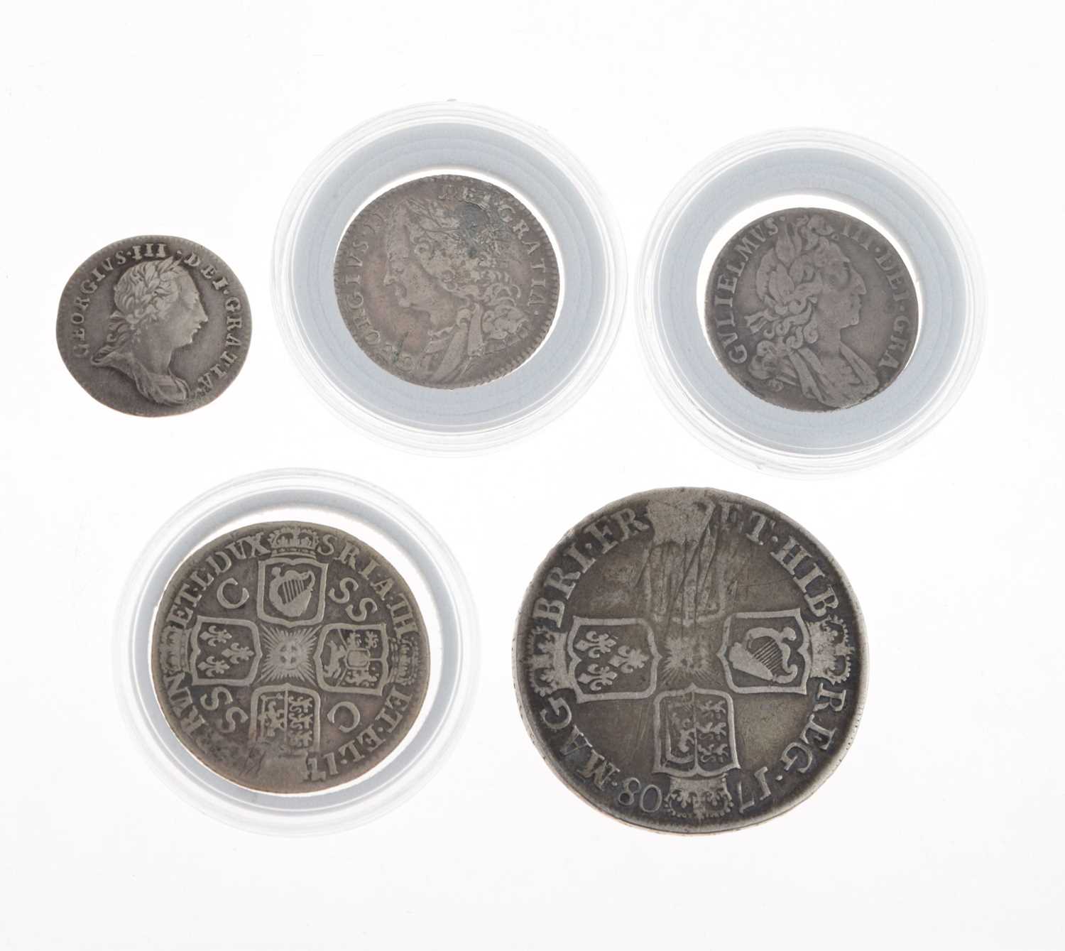 Lot 278 - William III silver sixpence, Queen Anne half crown,and three Georgian coins