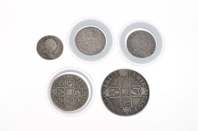 Lot 278 - William III silver sixpence, Queen Anne half crown,and three Georgian coins