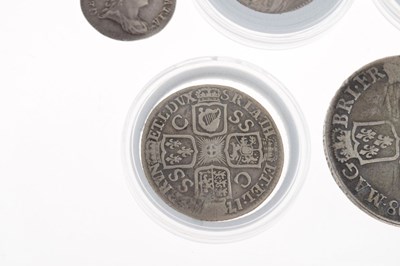 Lot 278 - William III silver sixpence, Queen Anne half crown,and three Georgian coins