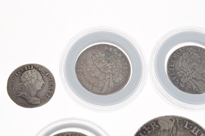 Lot 278 - William III silver sixpence, Queen Anne half crown,and three Georgian coins