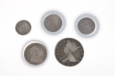 Lot 278 - William III silver sixpence, Queen Anne half crown,and three Georgian coins